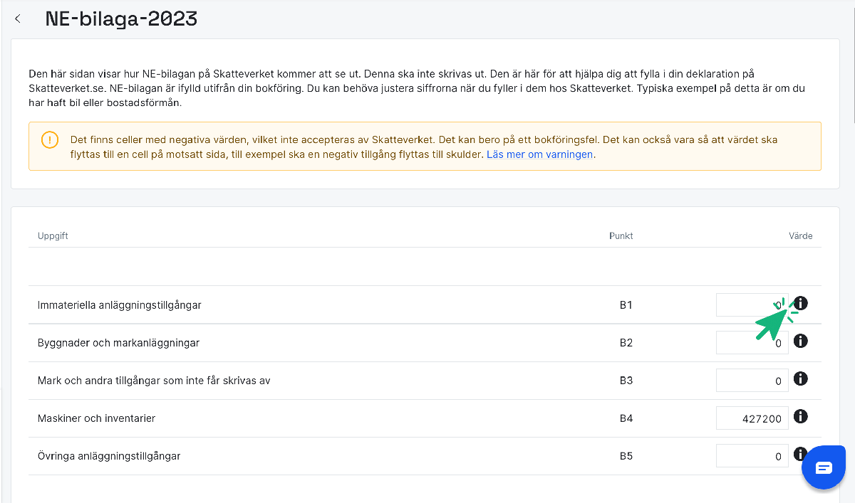 Klicka på infoknappen för information om vilka konton som summeras i cellen