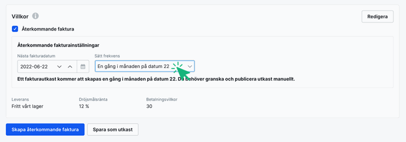 Välj tidsintervall för återkommande faktura
