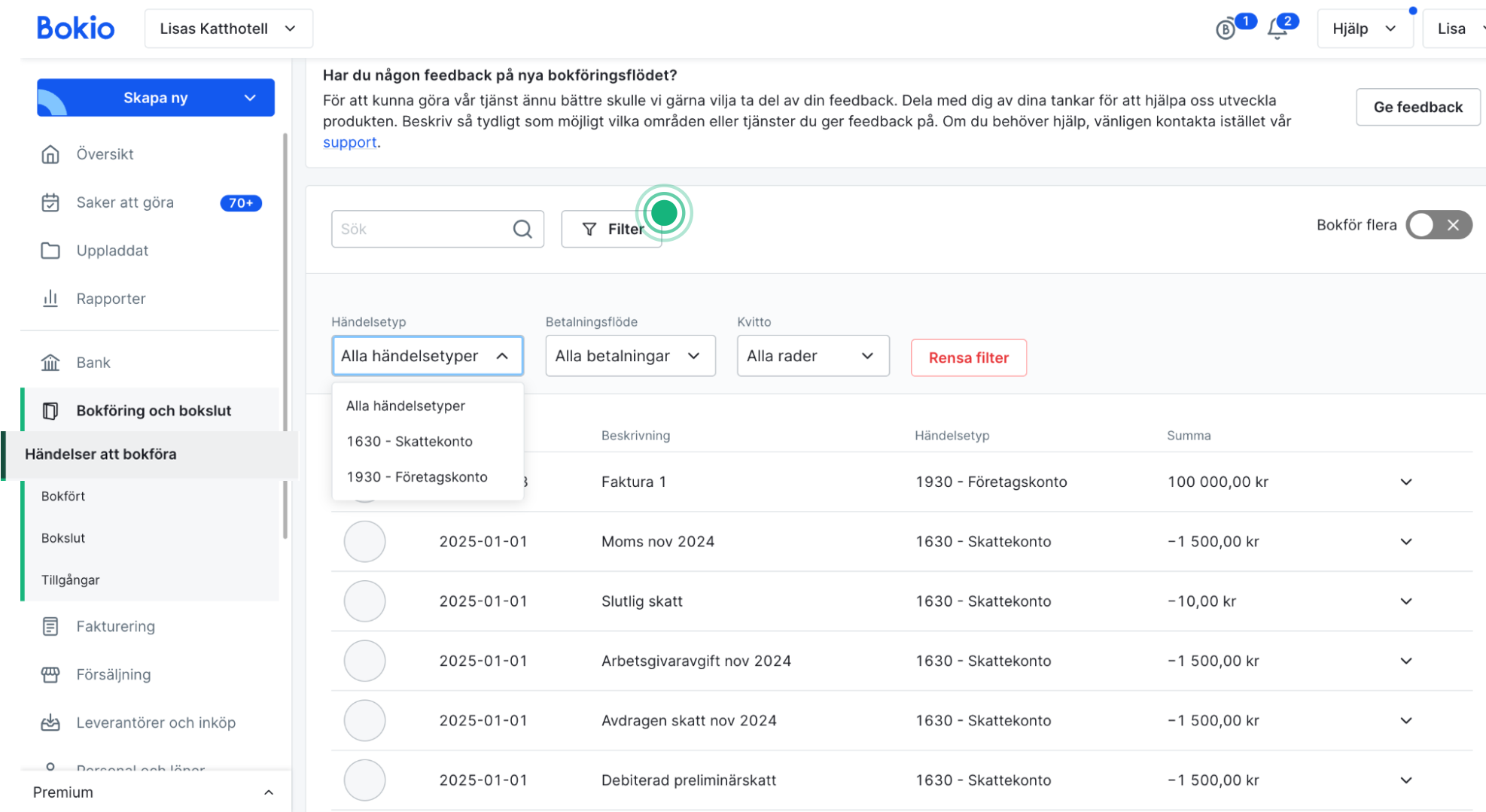 Filter händelser att bokföra