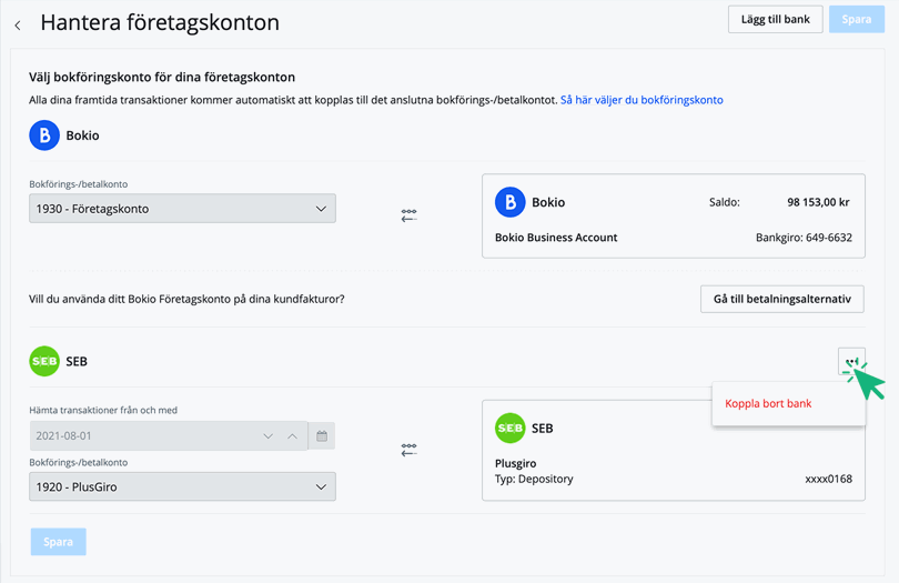 Klicka på Koppla bort bank