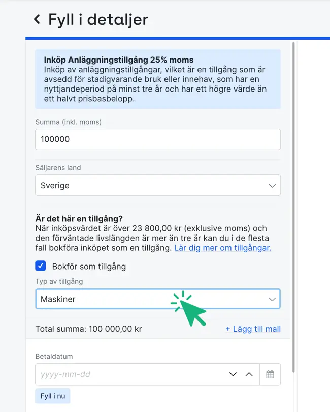 Välj typ av tillgång