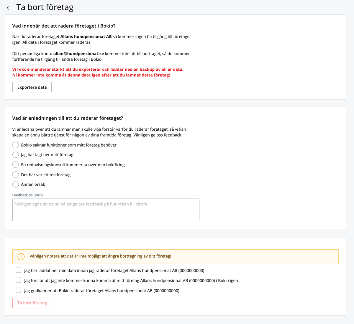 Exportera data från företag