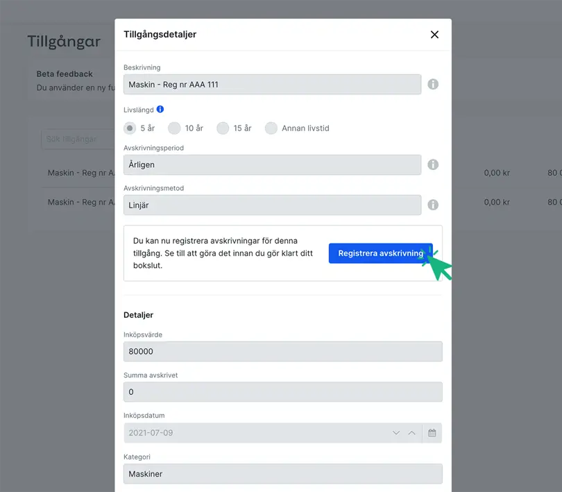 Registrera avskrivning
