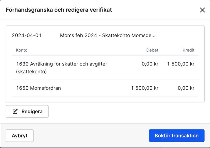 I förhandsgranskningen ser vi vilka konton som används i bokföringsmallen