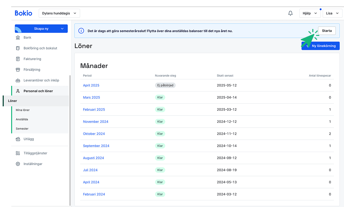Klicka på starta för att komma till semesterårsslutet