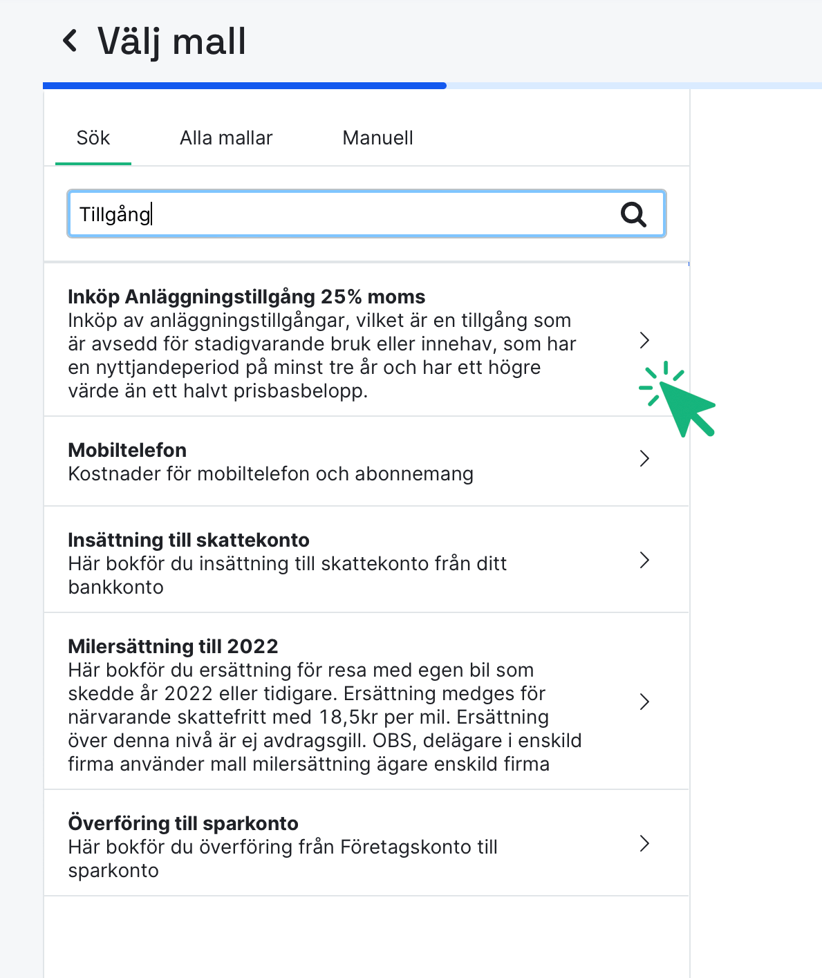 Välj bokföringsmallen Inköp Anläggningstillgång 25% moms