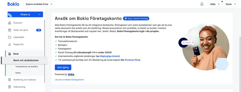 Ansök om Bokio Företagskonto på sidan Bank och skattekonton
