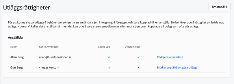Klicka på Bjud in anställd att göra utlägg