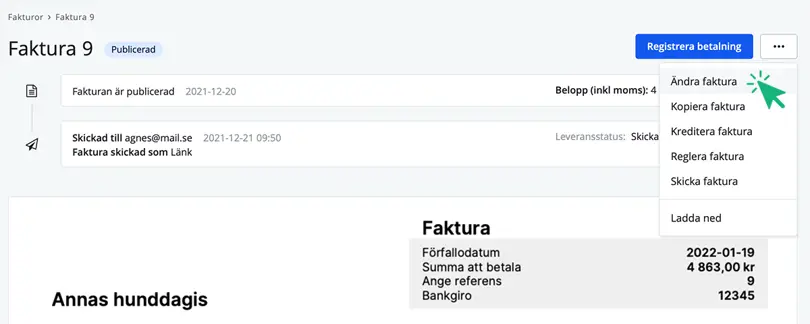 Klicka på Ändra faktura