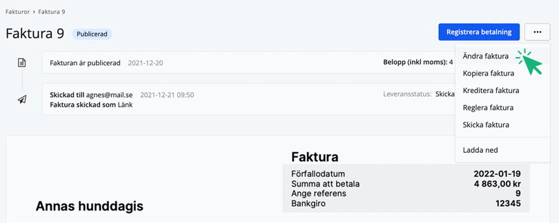 Klicka på Ändra faktura