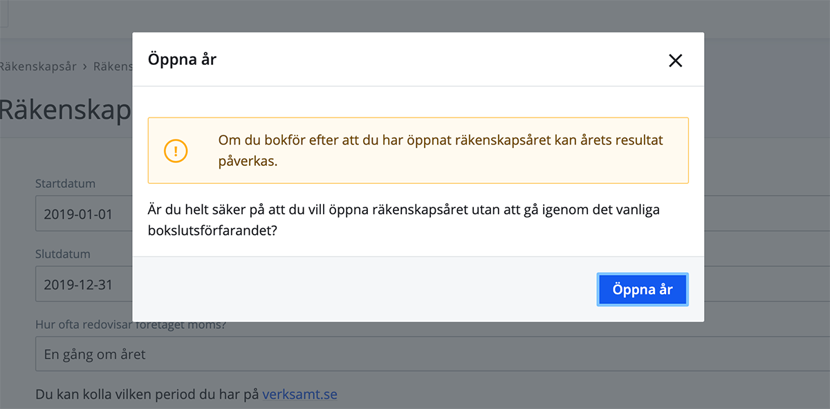 Bekräfta att du vill öppna år