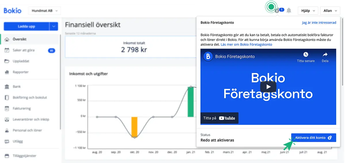 Aktivera företagskonto på startsidan