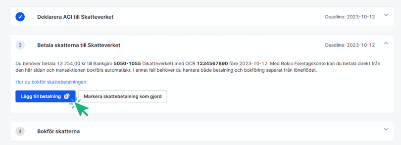 Klicka på Lägg till betalning för att betala till skattekontot