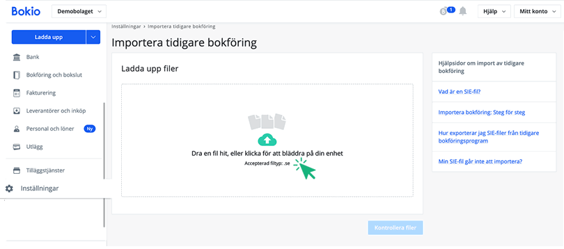 Importera bokföring, välj fil