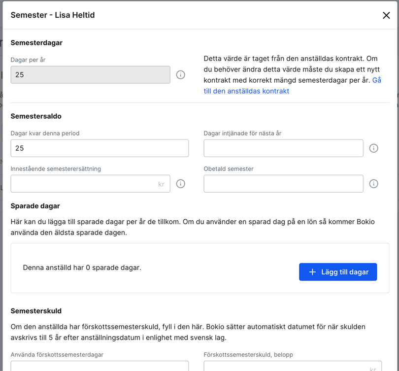 Fyll i startvärden för den anställdes semesterbalans