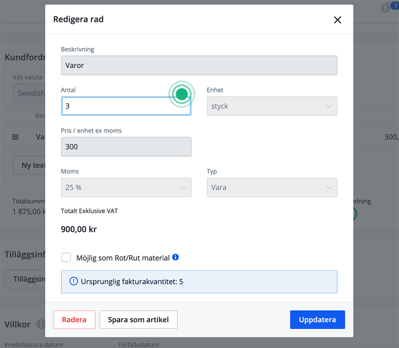 Redigera antal för kreditering