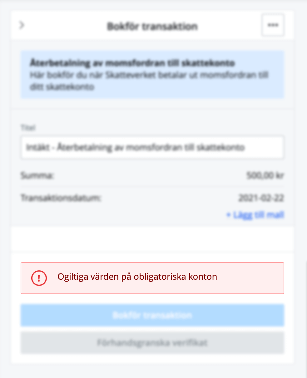 Felmeddelande om ogiltiga värden på obligatoriska konton