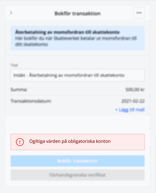 Felmeddelande om ogiltiga värden på obligatoriska konton