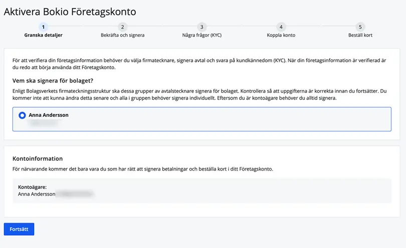 Granska detaljer för att aktivera Bokio Företagskonto