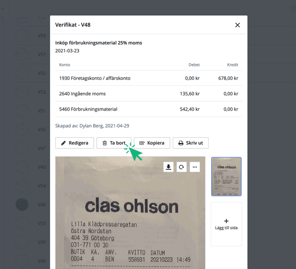 Klicka på att Ta bort verifikat som inte är senast bokfört
