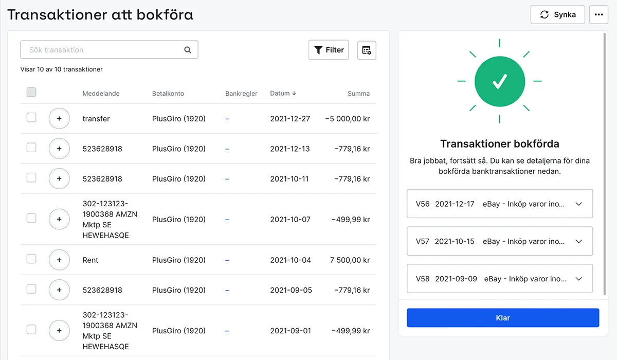 Bokförda transaktioner