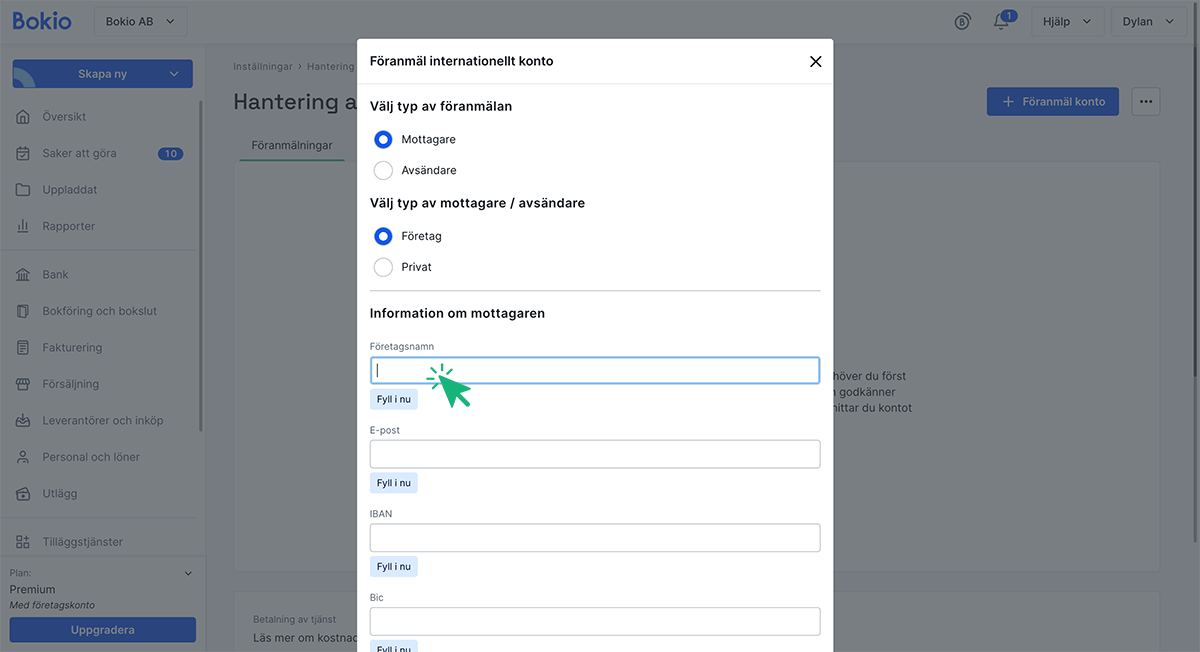 Fyll i information om mottagaren/avsändaren