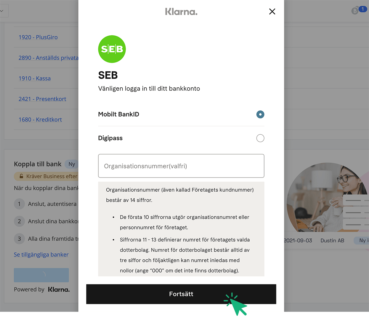 Klicka på Fortsätt för att koppla till SEB privatkonto
