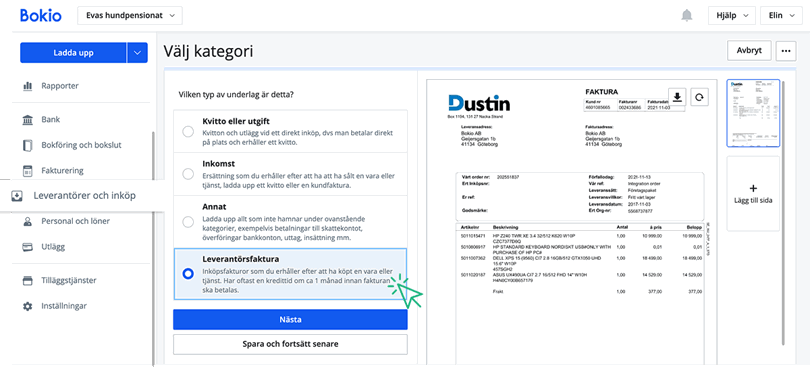 Välj Kategori, Leverantörsfaktura