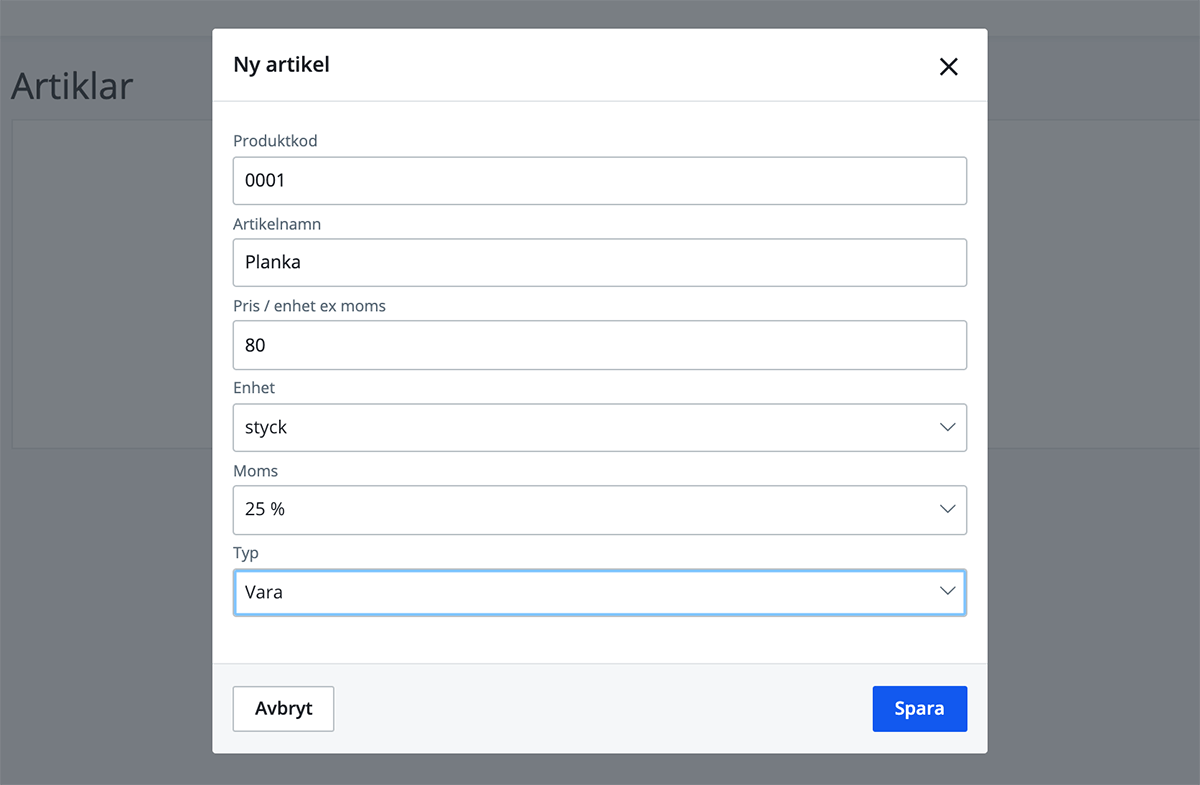 Välj typ av artikel