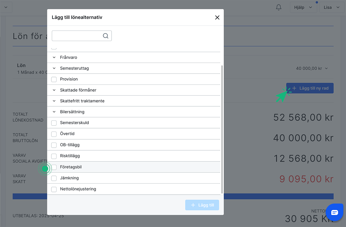 Välj lönerad "Företagsbil"
