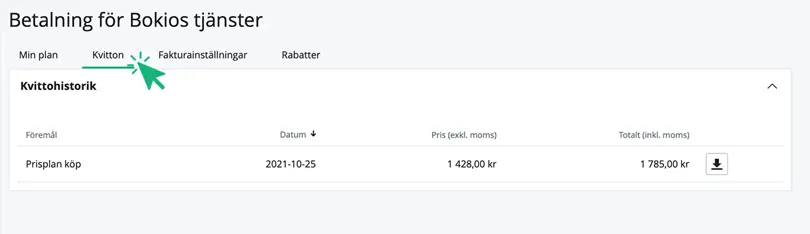 Kvitto för betalning av prisplan