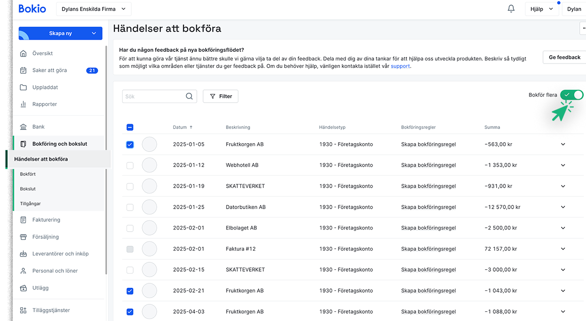 Bokföra flera händelser att bokföra
