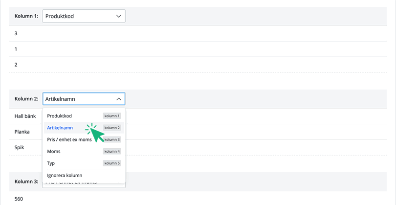 välj kolumn för artikel import