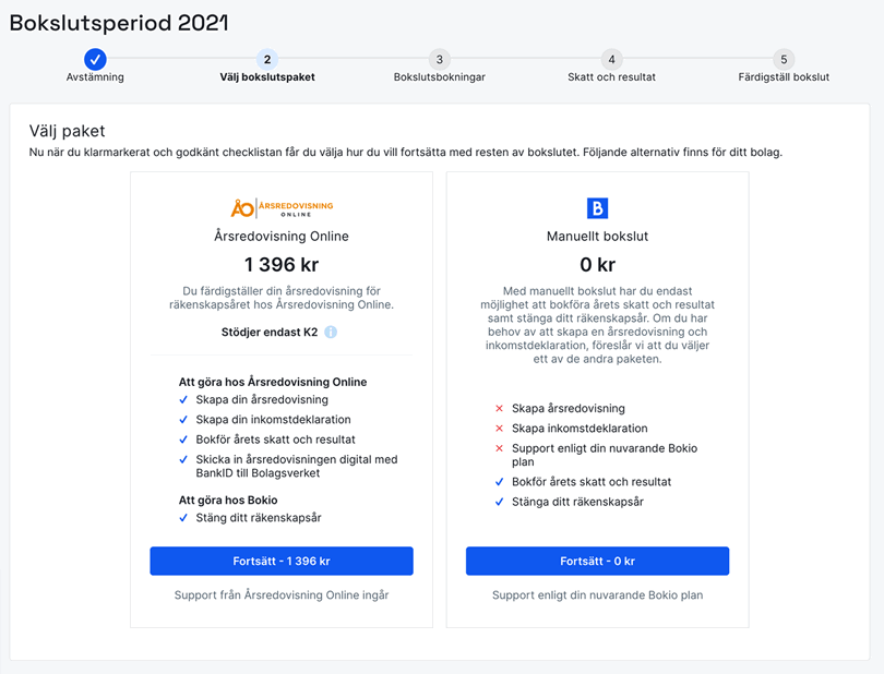 Välj bokslutspaket Årsredovisning Online
