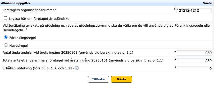Skärmdump på sidan Allänna uppgifter