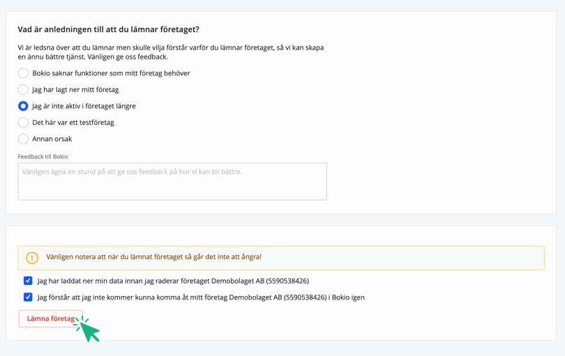 Bekräfta för att lämna företag