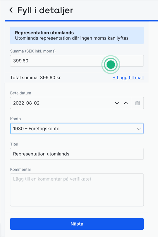 Ange belopp för representation