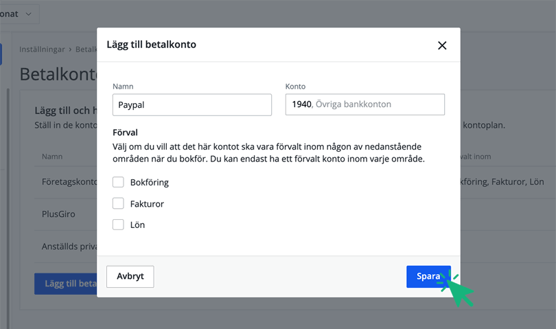 Lägg till ett betalkonto, välj namn och nummer