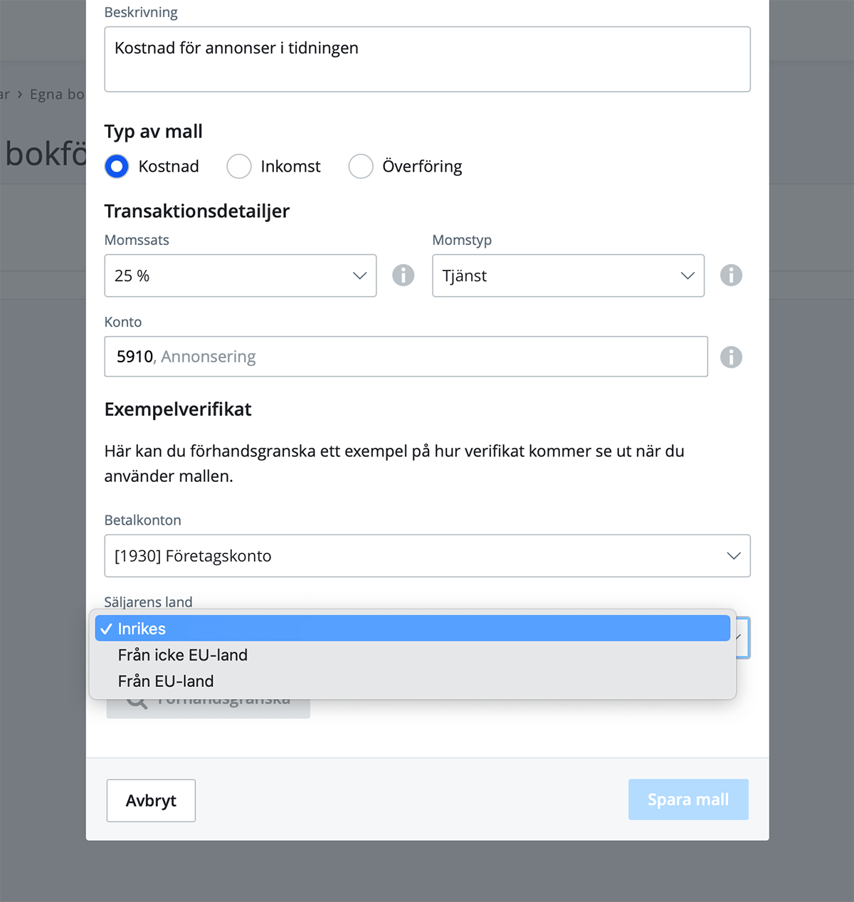 Välj betalkonto och säljarens land