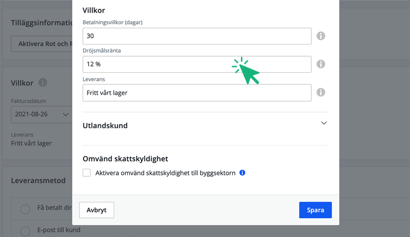 Ändra villkor under Kund