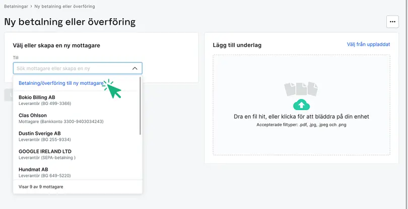 Lägg till leverantör i samband med betalning