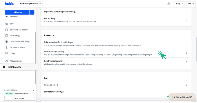 Aktivera automatisk bokföring på fakturor under Inställningar