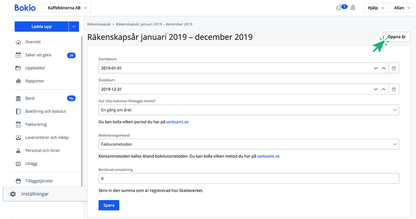 Klicka på Öppna år för att öppna räkenskapsår
