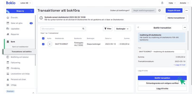 Bokför insättning till skattekonto med färdig mall