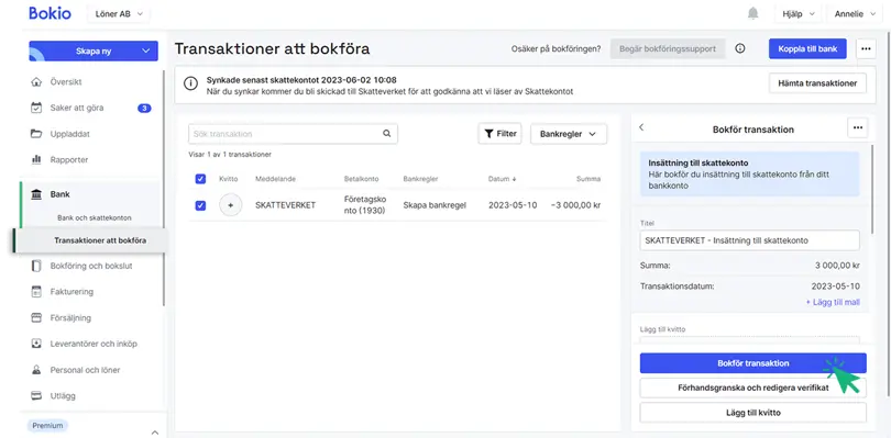 Bokför insättning till skattekonto med färdig mall