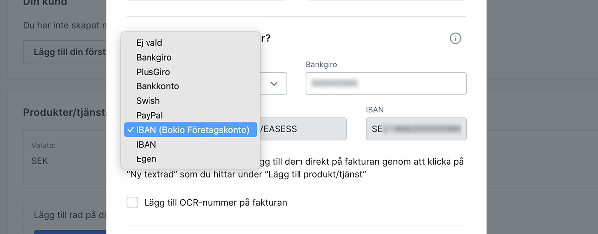 Välj IBAN Bokio Företagskonto som betalmetod
