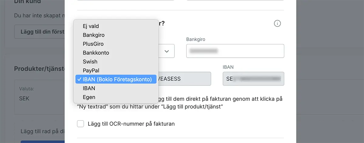 Välj IBAN Bokio Företagskonto som betalmetod