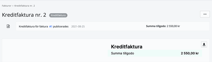 Kreditfaktura skapad