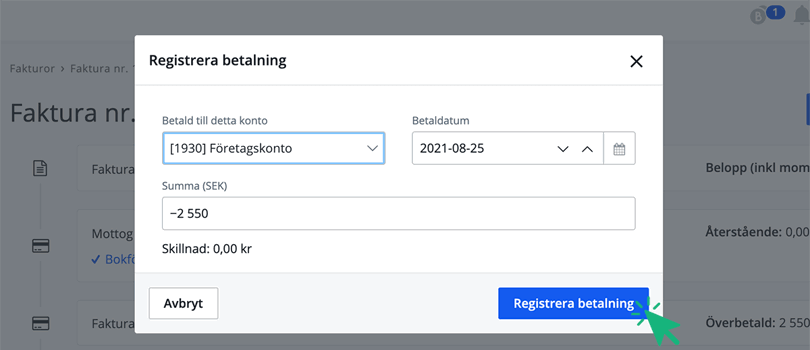 Registrera betalning Kontantmetoden