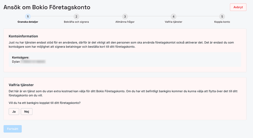 Granska detaljer för att ansöka om företagskonto